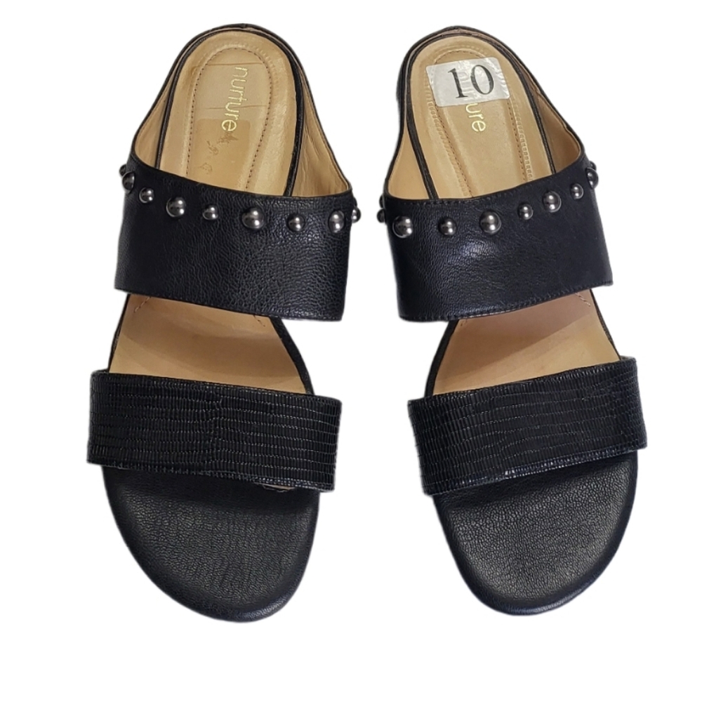 Nurture Cassandrah Black Leather Slip-on Sandals. Size 10